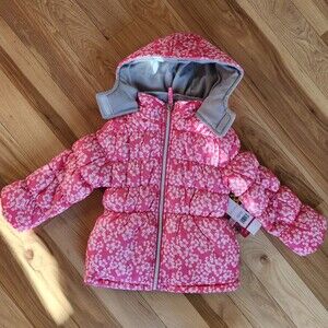 NWT Pink Platinum Girls Winter Puffer Hooded Lined Coat - Pink Floral - Size 4